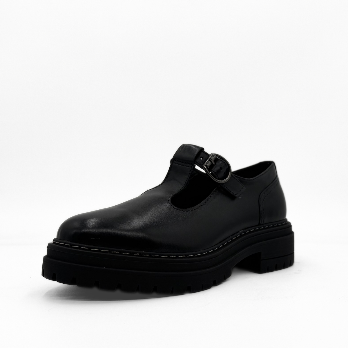 Zola black leather T-strap Mary Jane with a lug sole platform