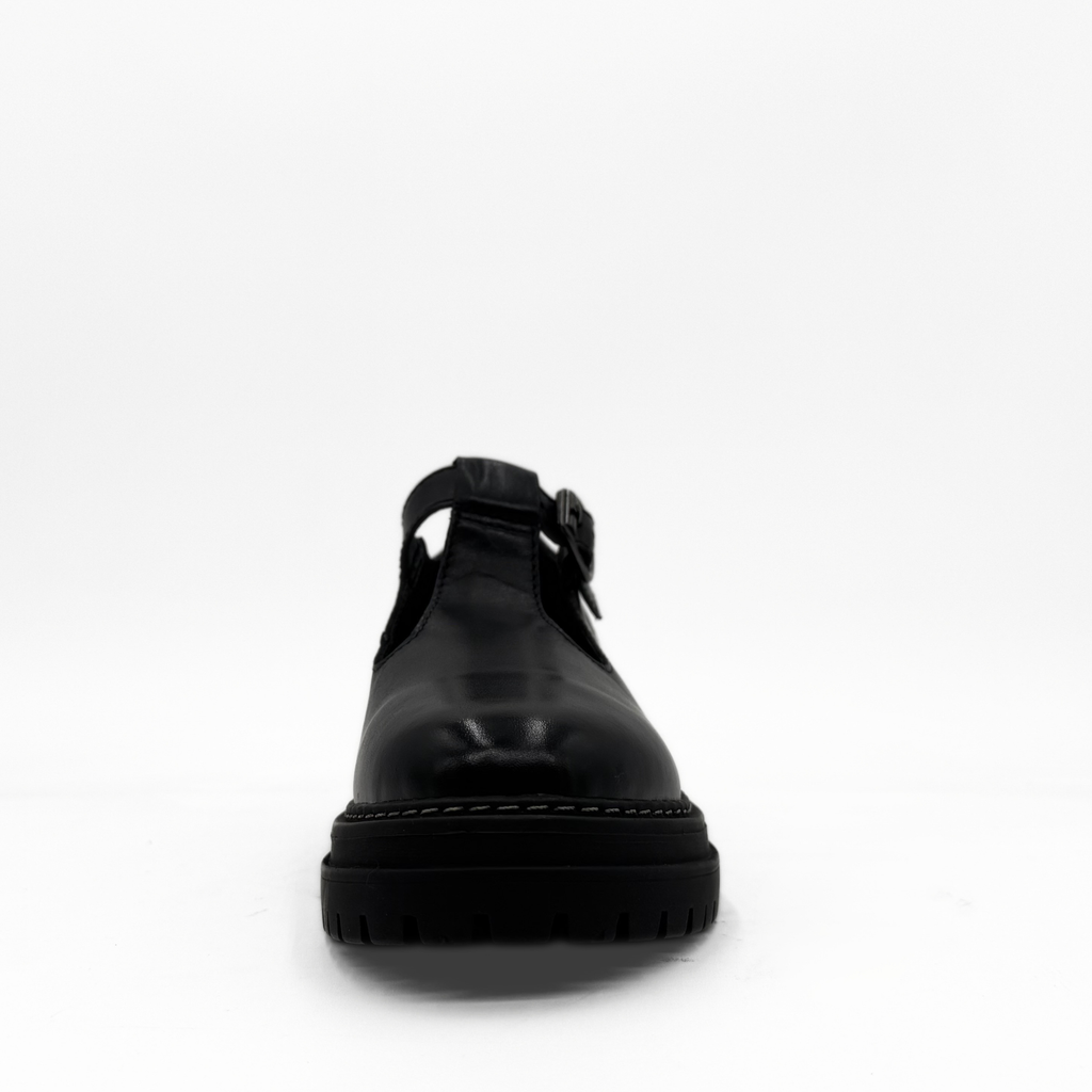 Zola black leather T-strap Mary Jane with a lug sole platform