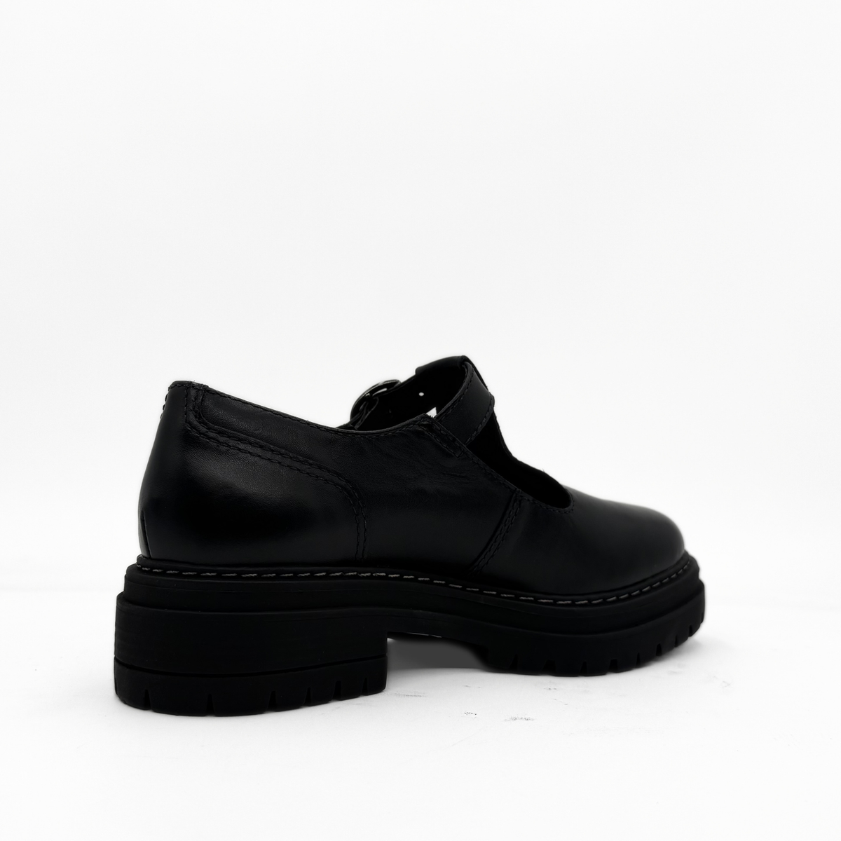 Zola black leather T-strap Mary Jane with a lug sole platform