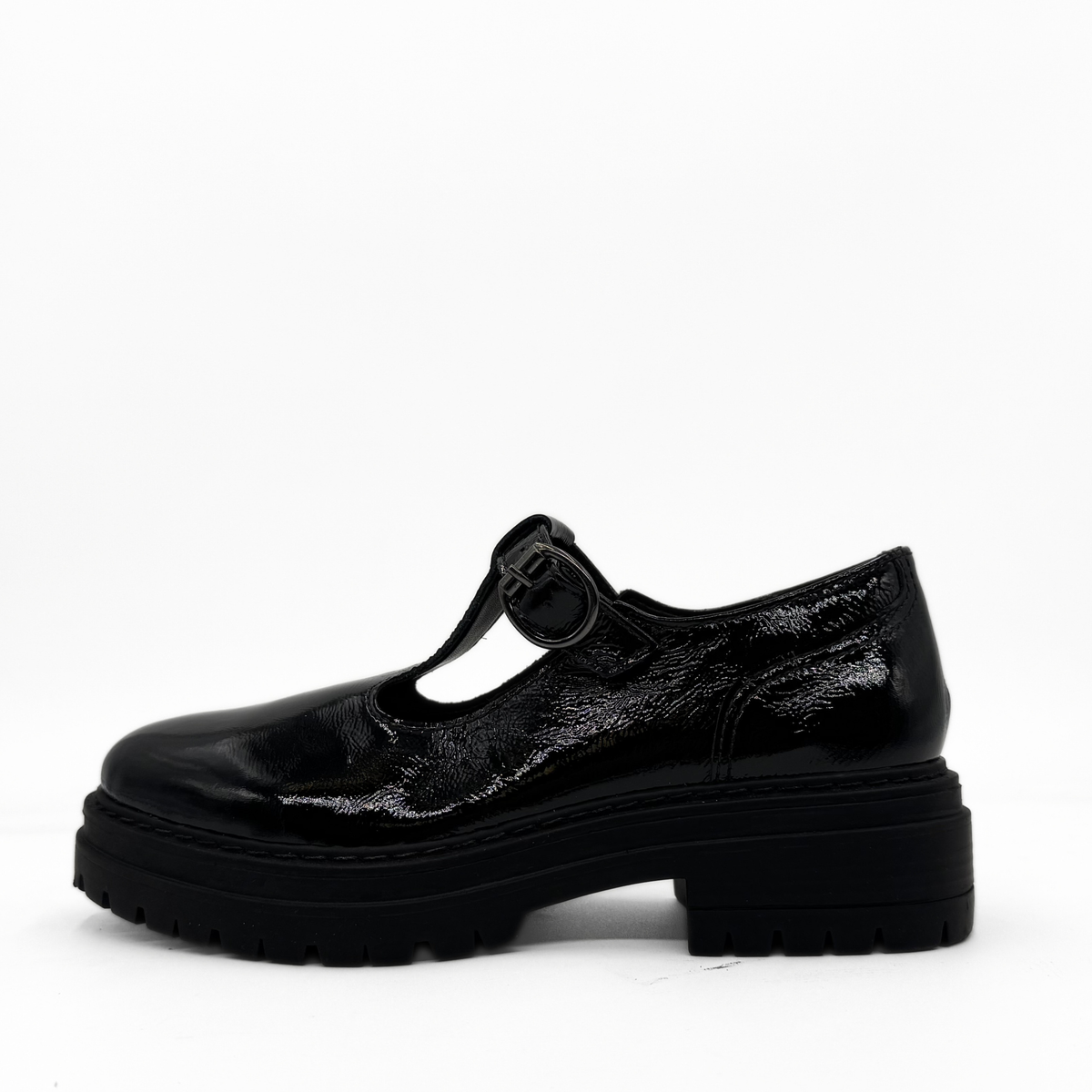 Zola black patent leather T-strap Mary Jane with a lug sole platform