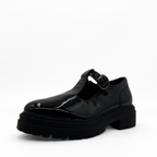 Zola black patent leather T-strap Mary Jane with a lug sole platform