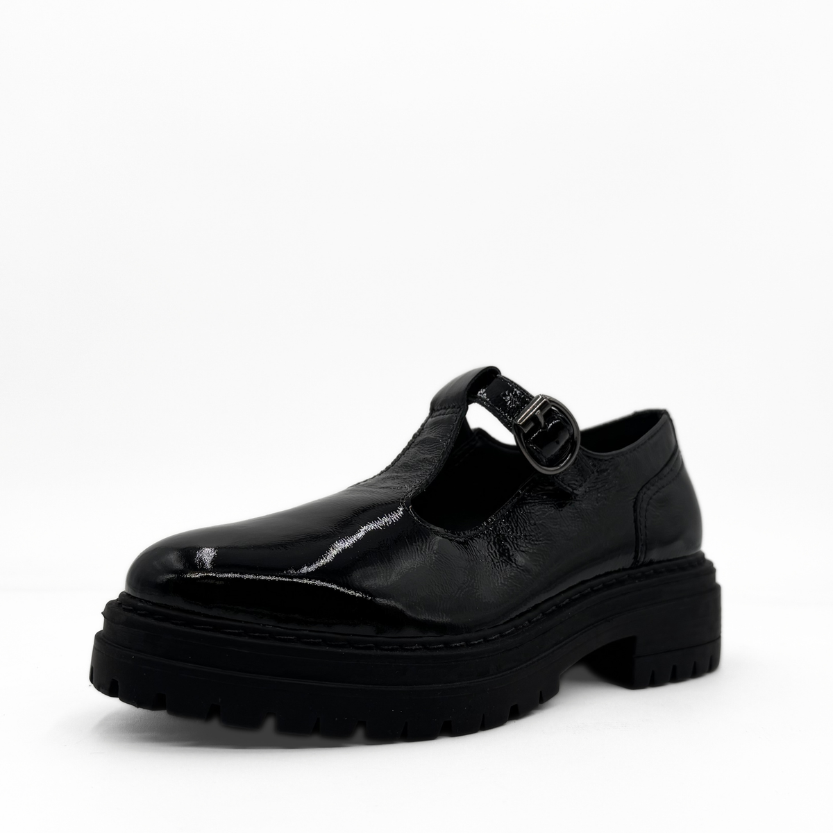 Zola black patent leather T-strap Mary Jane with a lug sole platform