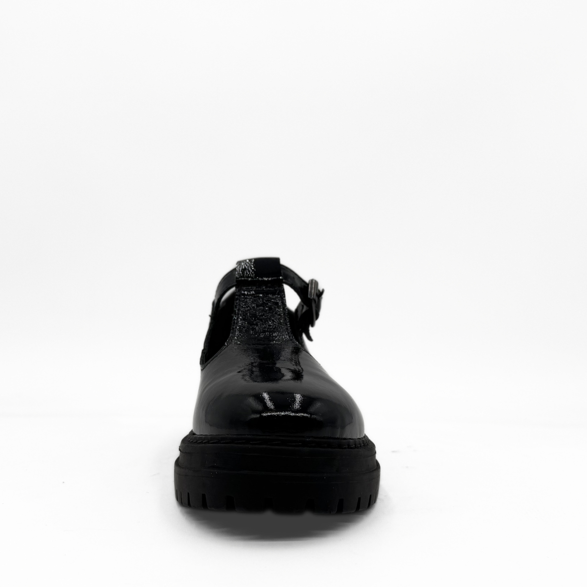 Zola black patent leather T-strap Mary Jane with a lug sole platform