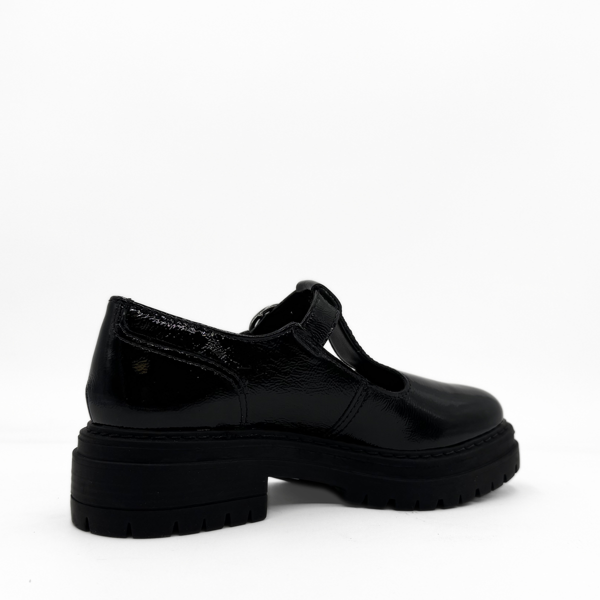 Zola black patent leather T-strap Mary Jane with a lug sole platform
