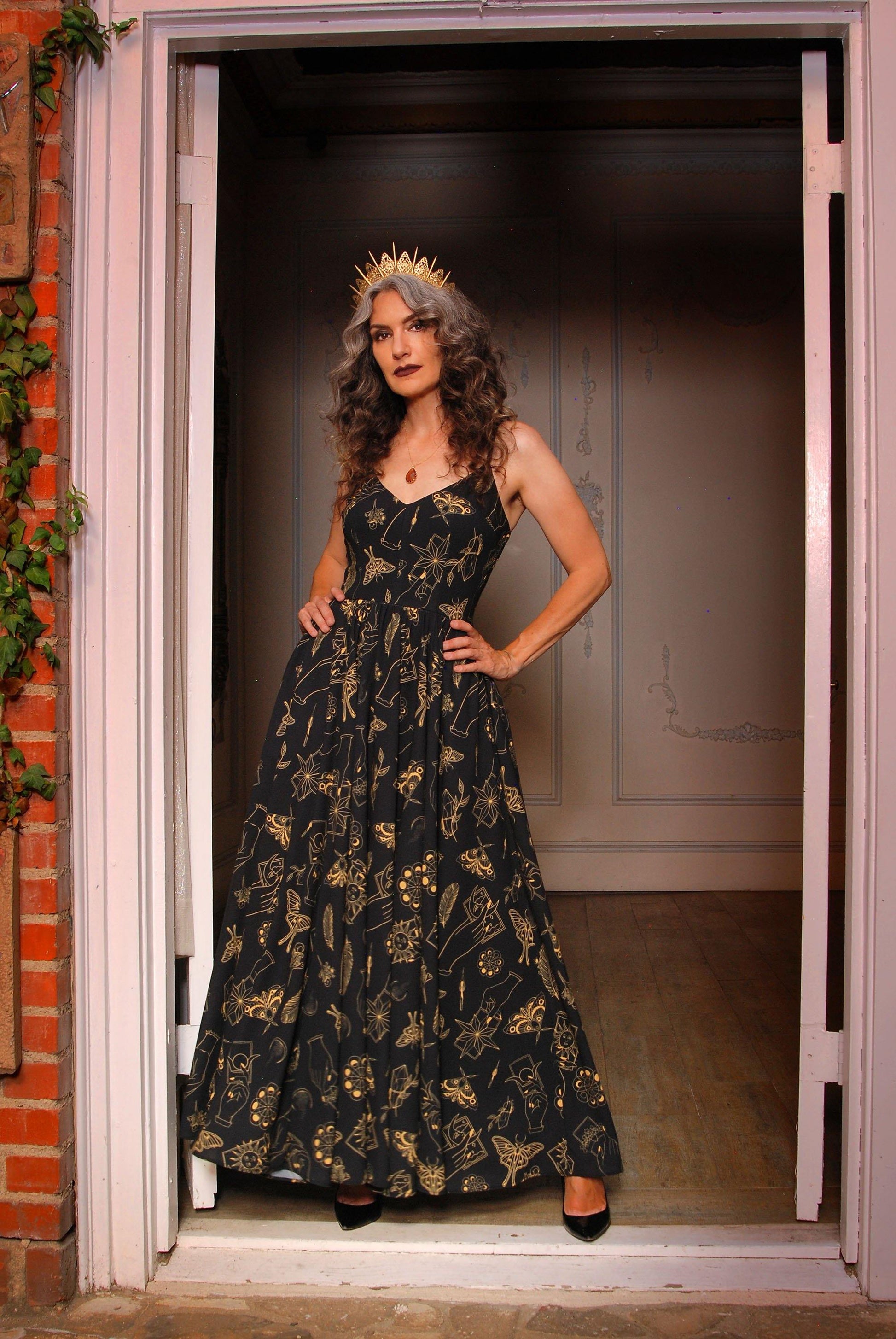 Amalie Ballerina Daytime Maxi Gown in Stregheria Print Crepe | Laura Byrnes & Hope Morrison - pinupgirlclothing.com