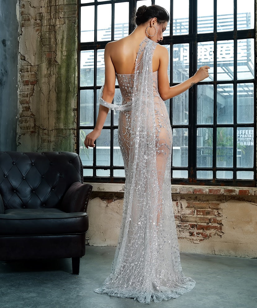 Starstruck Red Carpet Silver Sequin Sheer Evening Gown | Evelyn Belluci