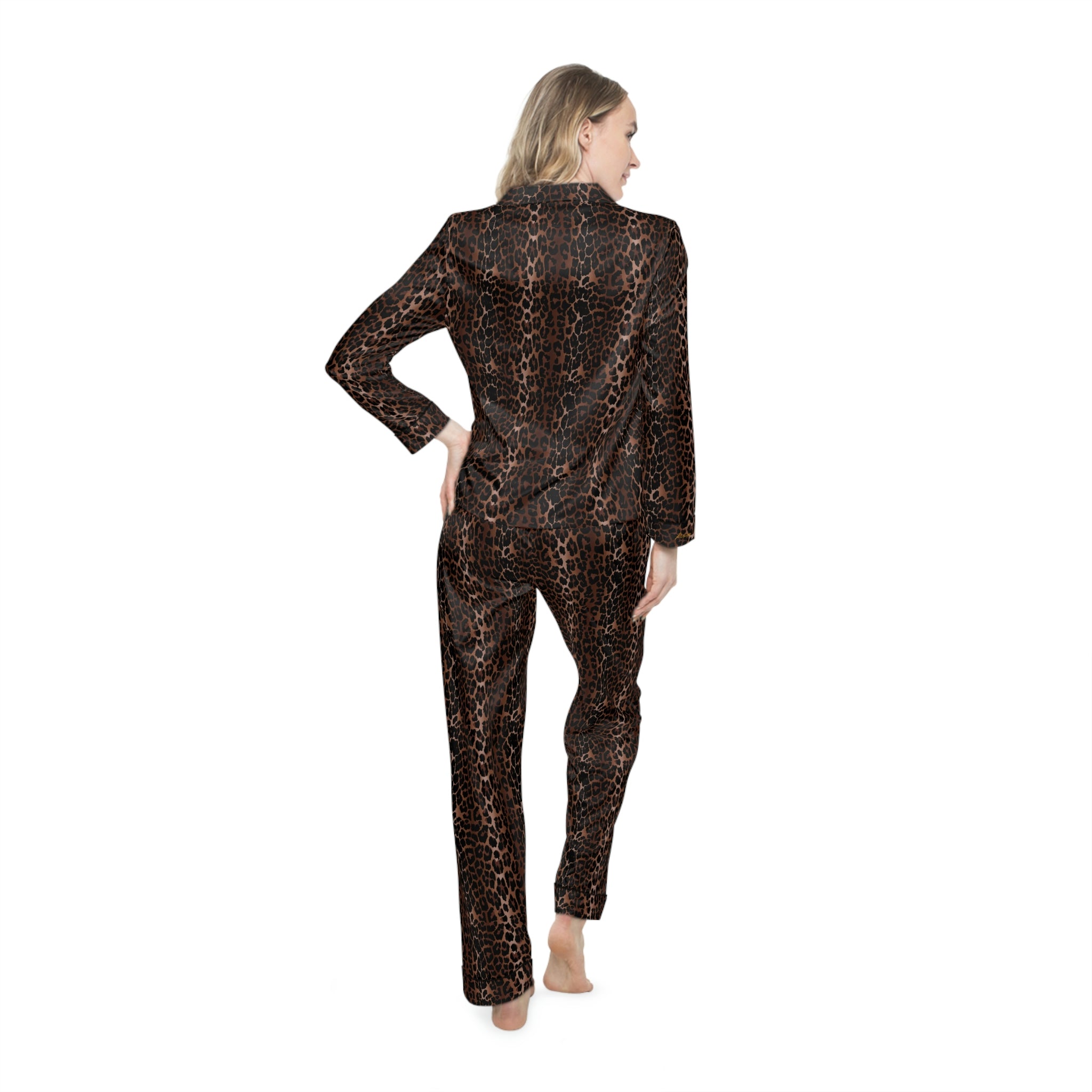 Pajama Game in OG Leopard Satin 2 Piece Button Up PJ Set