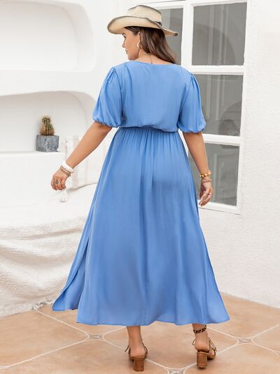 Santorini Athena Plus Size Slit Short Sleeve Dress in Light Blue