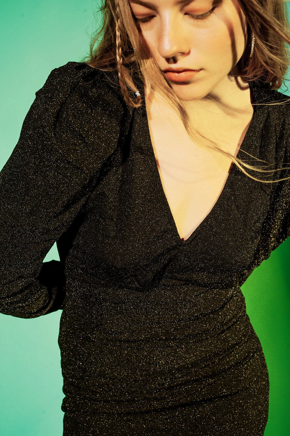 Nells Mini V Neck Dress in Solid Black Lurex Knit | Q2