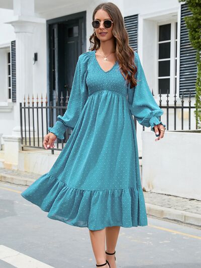 Zoe Swiss Dot V-Neck Smocked Lantern Sleeve Ruffle Hem Dress | 4 Colors