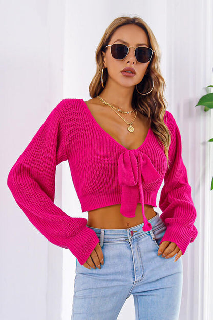 Alice Long Bishop Sleeve Cropped Sweater with Bow | 4 colors | Poundton