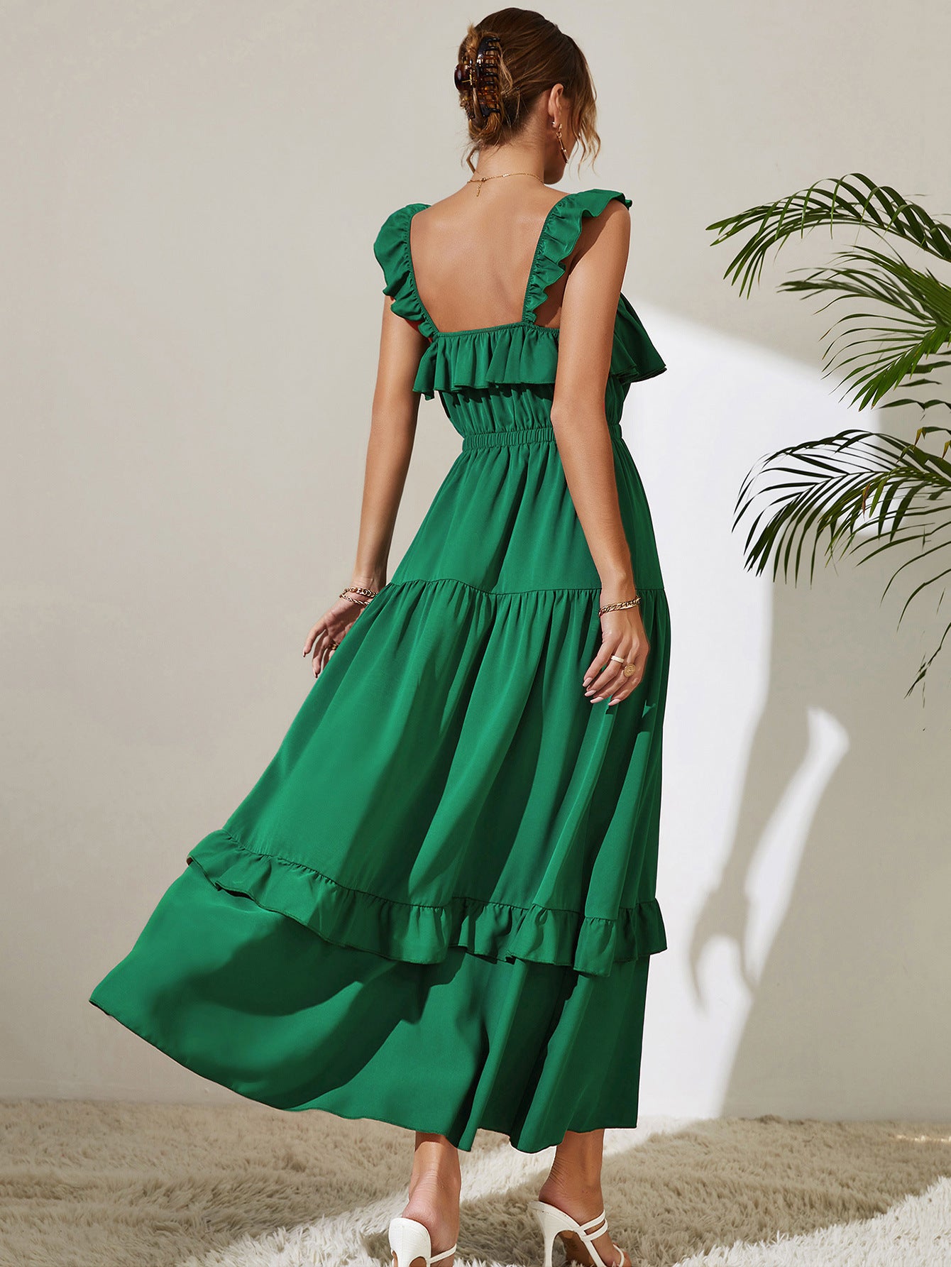 Green Gables Tiered Ruffle Peasant Day Maxi Dress in Kelly Green