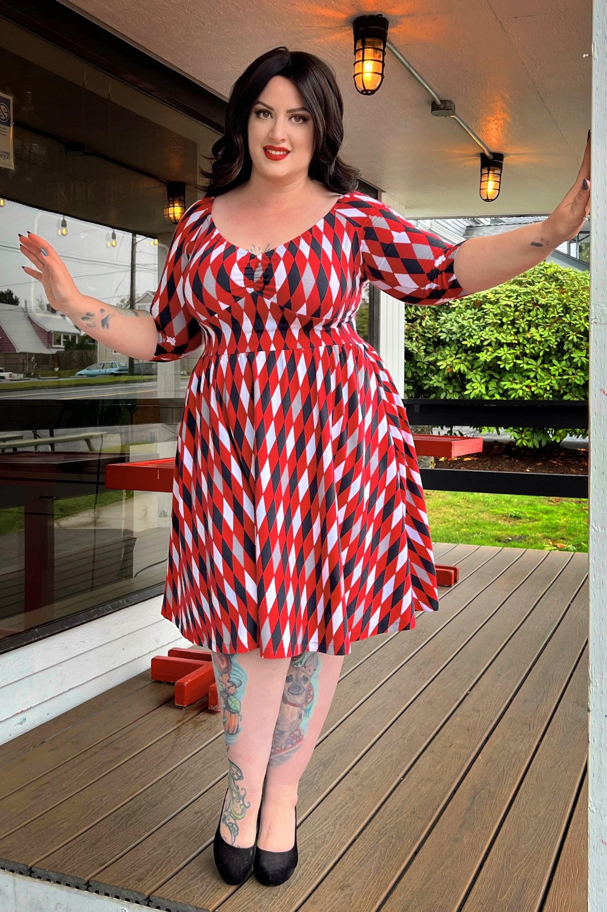 Kayla Swing Dress in Bad Girl Harlequin | Laura Byrnes Design - pinupgirlclothing.com