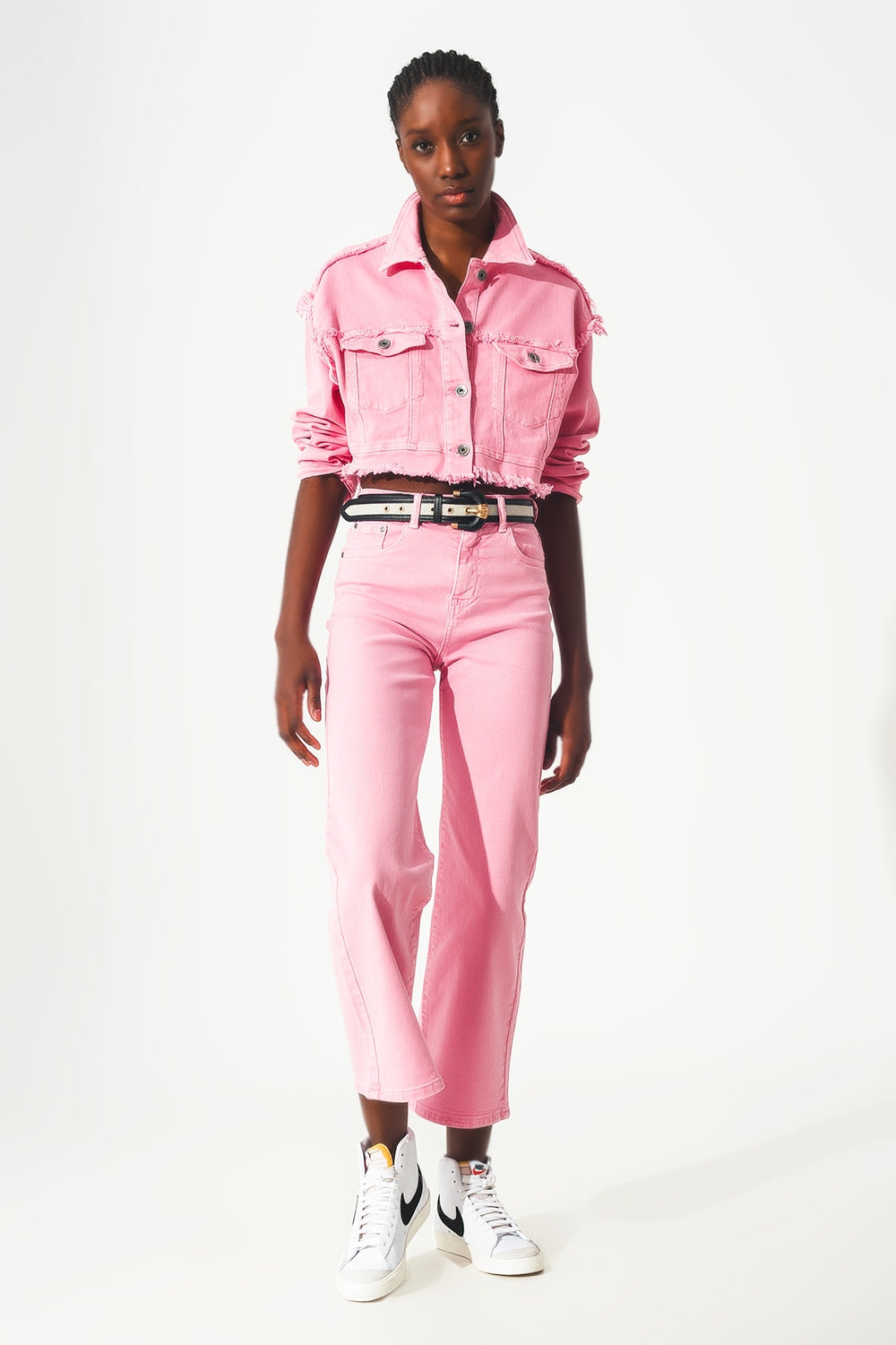 Cropped Denim Trucker Jacket | Color Pink | Q2