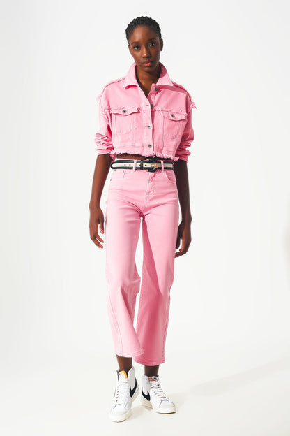 Cropped Denim Trucker Jacket | Color Pink | Q2