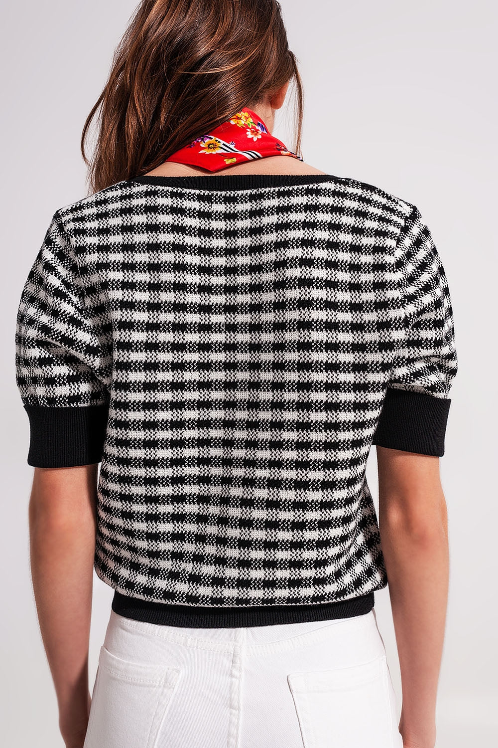 Square Neck Jumper Sweater in Black and White Check | Q2