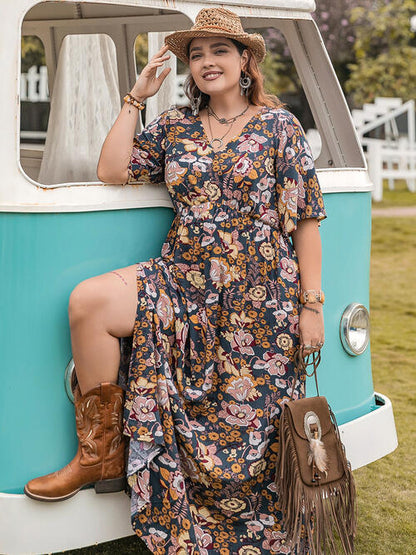 Janis Floral V-Neck Short Sleeve Slit Plus Size Dress | 2 Colors | Poundton