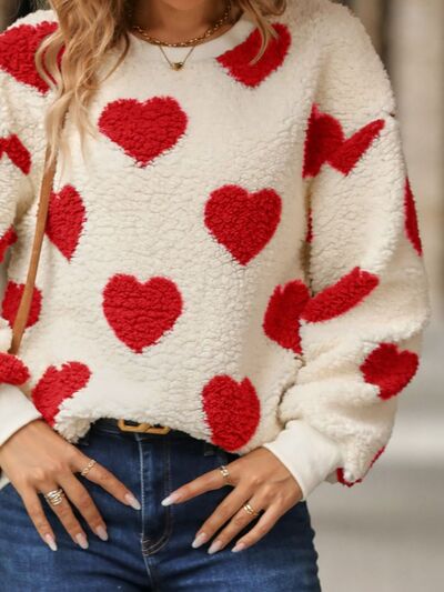 Soft Hearts Dropped Shoulder Heart Print Fuzzy Sweatshirt, 3 Colors