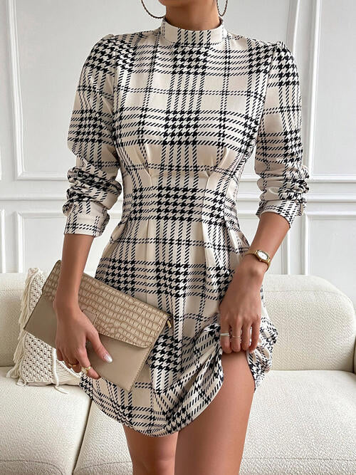 As If Houndstooth Plaid 90s Mock Neck Mini Dress