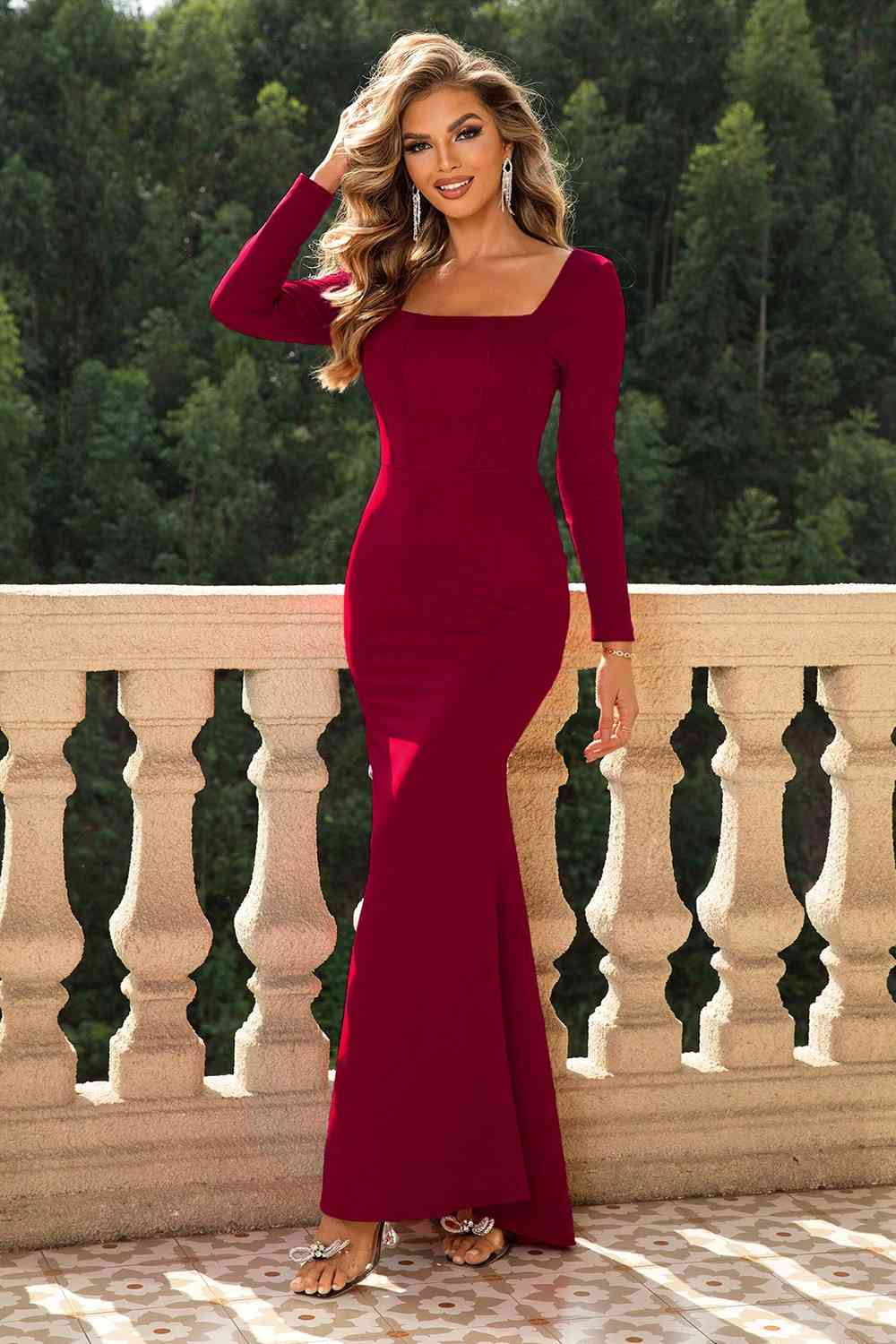 Rosalina Square Neck Long Sleeve Evening Gown in Burgundy or Black | Poundton