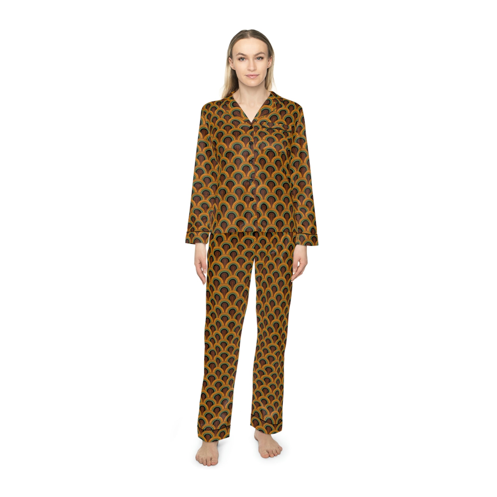 Printify Pajama Game in Room 237 Print Satin 2 Piece Button Up PJ Set | Pinup Couture Relaxed 3XL/4XL / Orange