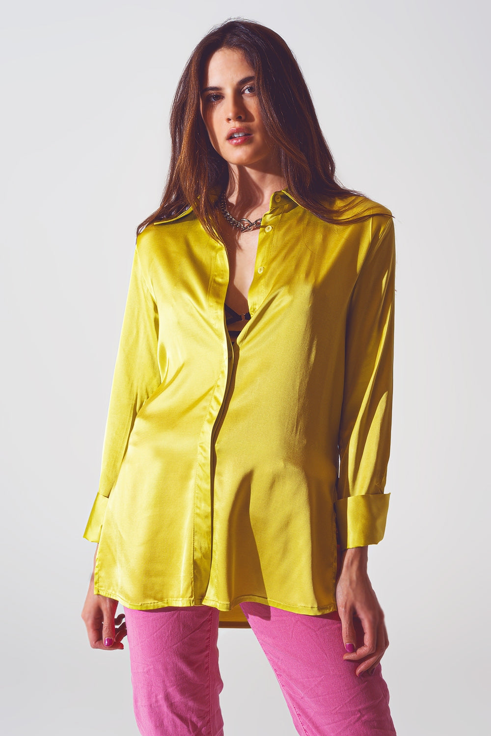 Bianca Satin Button Down Shirt With Split Cuff in Solid Lime Green | Q2