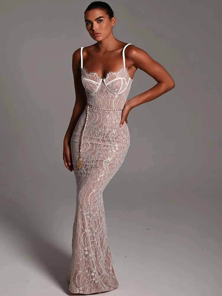 Elegant Lace Print Maxi Dress Spaghetti Strap Bodycon Club Party Sexy Evening