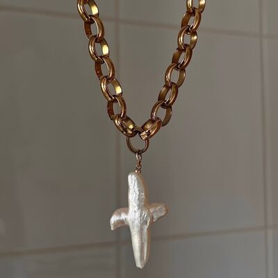 Santi Cross Pendant Necklace in Pearl and Brass