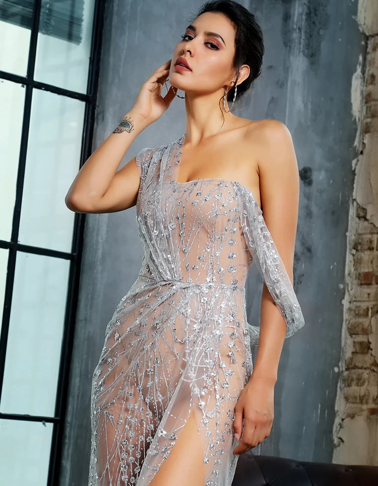 Starstruck Silver Sequin Sheer Evening Gown | Evelyn Belluci
