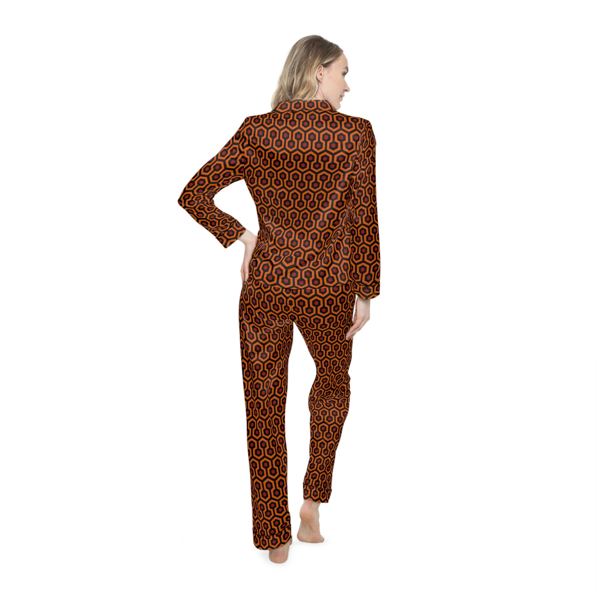 Pajama Game in Hotel Hexagon Satin 2 Piece Button Up PJ Set