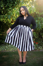 Bella Vintage Gathered Swing Skirt in Black and White Mark Stripe Cotton Sateen | Pinup Couture - pinupgirlclothing.com