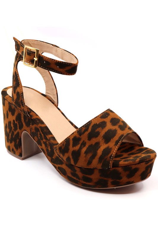 Vintage 40's Style Chunky Heel Platform Sandals in Leopard & Cheetah Print Faux Suede