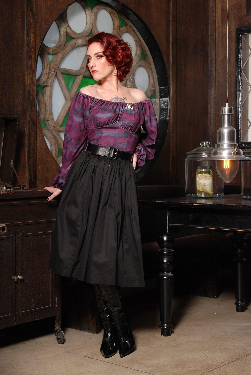Bella Vintage Gathered Swing Skirt in Solid Black Cotton Sateen | Pinup Couture - pinupgirlclothing.com