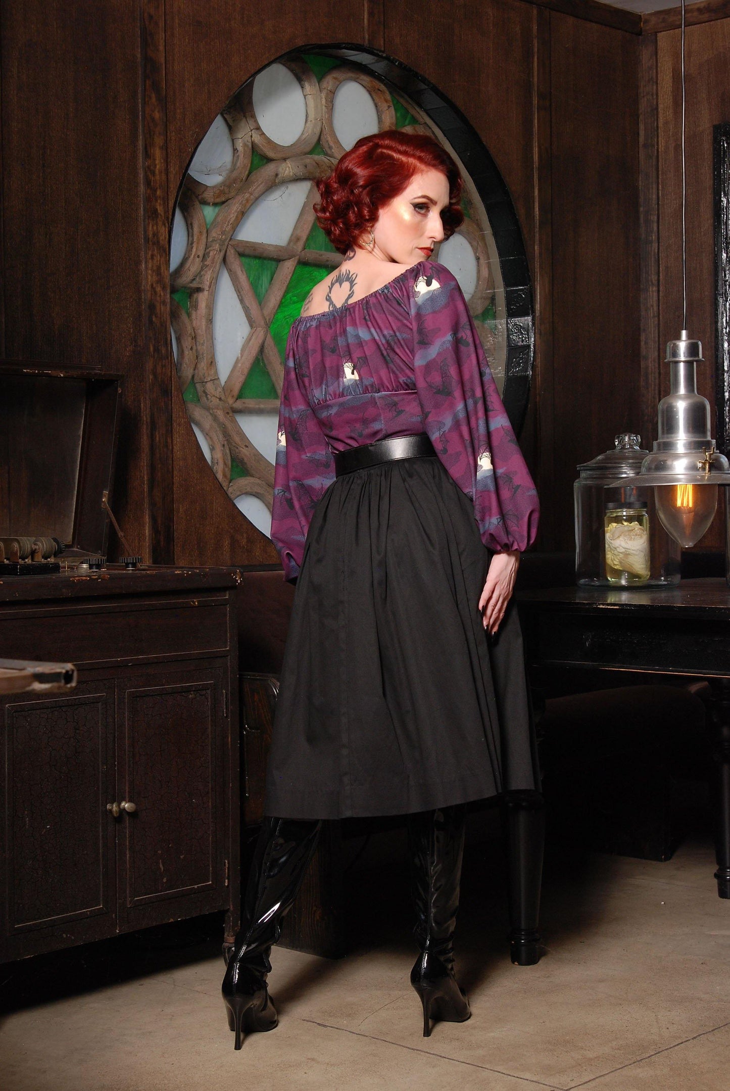 Bella Vintage Gathered Swing Skirt in Solid Black Cotton Sateen | Pinup Couture - pinupgirlclothing.com