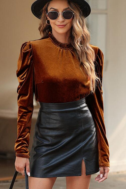 Rita Nevi 80's Round Neck Puff Sleeve Velvet Blouse in Chestnut