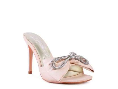 Zsa Zsa Embellished Bow Satin Midcentury Stiletto Mules in Baby Pink, White or Solid Black | Rag Company