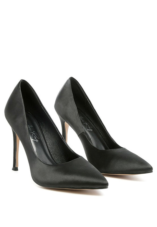 Tura Perfect Pointy Toe Vintage 50s Stiletto Pumps in Black Satin | Rag Company