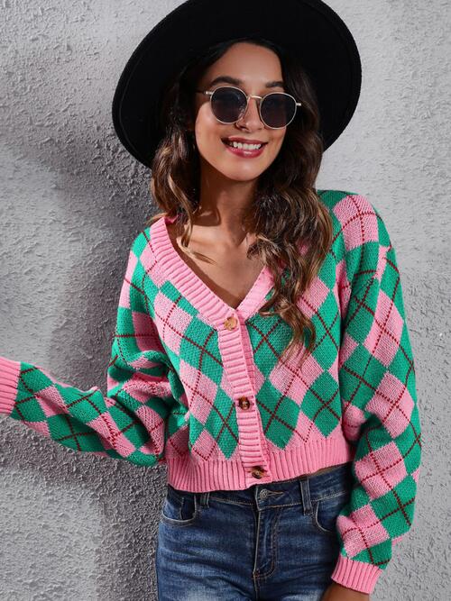 Argyle Print Button Up Long Sleeve Cropped Cardigan | 4 Colors
