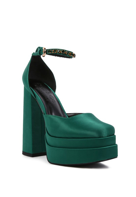Green Velvet Ballets Mary Jane Ankle Strap Block High Heels Shoes