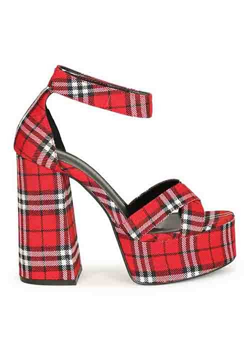 Plaid to Know You Ankle Strap Red Plaid Chunky Platform Heels
