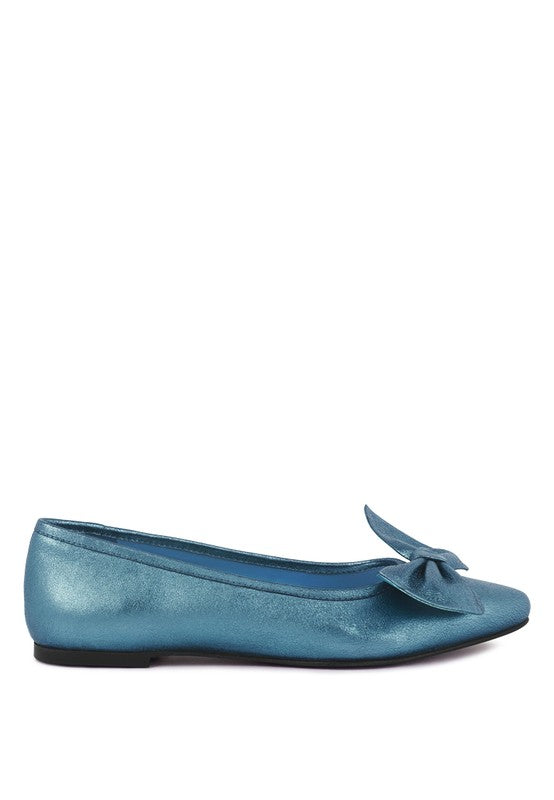 Blythe Metallic Big Bow Genuine Leather Ballerina Flat Shoes in Fuchsia or Blue | Rag Company