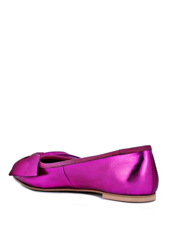 Blythe Metallic Big Bow Genuine Leather Ballerina Flat Shoes in Fuchsia or Blue | Rag Company