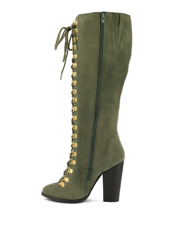 Gaetana Block Heel Calf-High Lace Up Suede Boots in Olive, Black or Red | Rag & Company