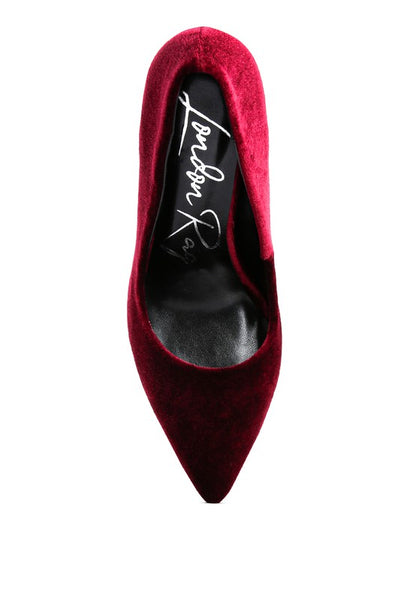 Lilith Velvet Stiletto High Heel Pumps in Grey, Black, or Burgundy | Rag & Company