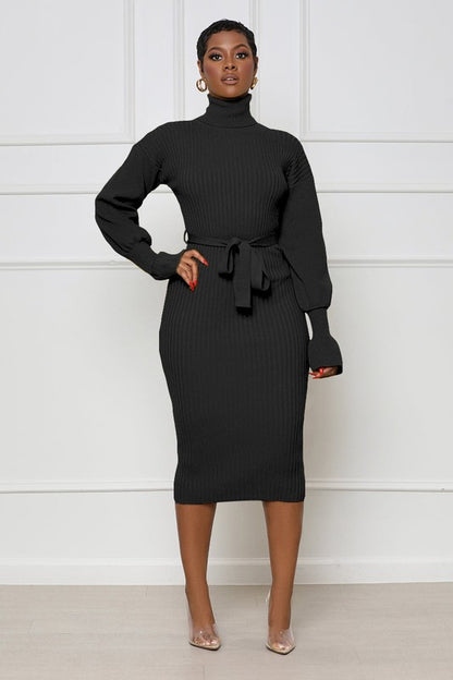 Kimberly Long Sleeve Bodycon Turtleneck Midi Charcoal Sweater Dress | Claude