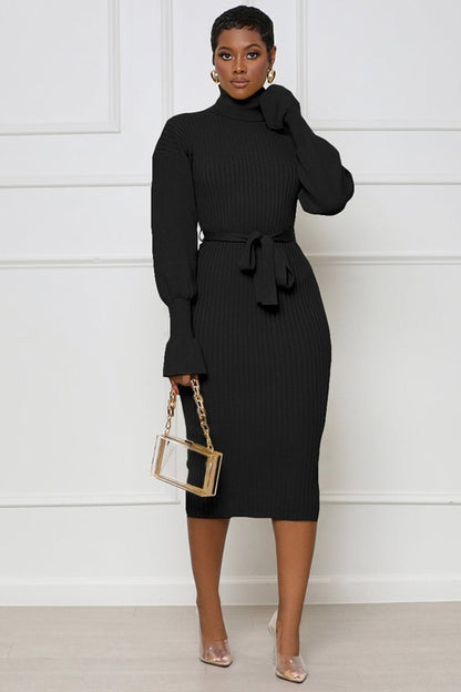 Kimberly Long Sleeve Bodycon Turtleneck Midi Charcoal Sweater Dress | Claude