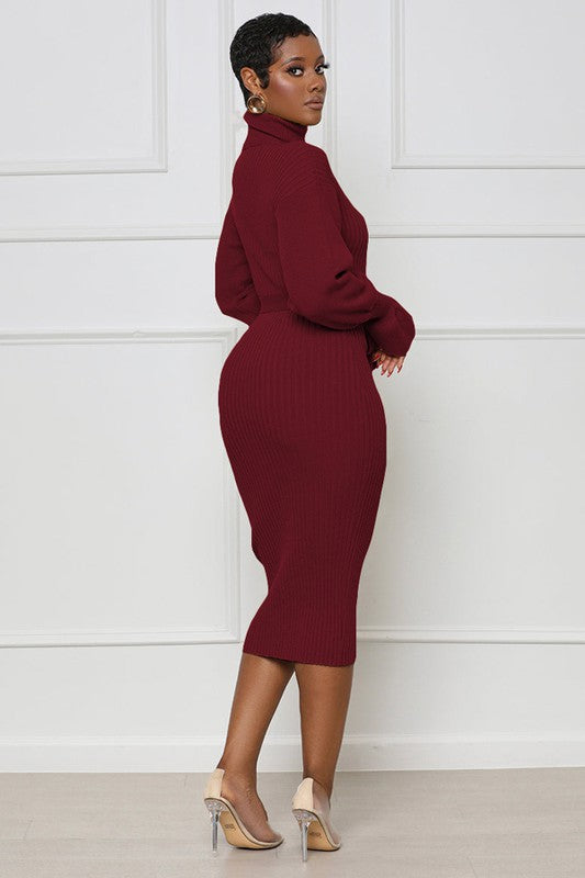 Lisa Long Sleeve Bodycon Turtleneck Midi Burgundy Sweater Dress