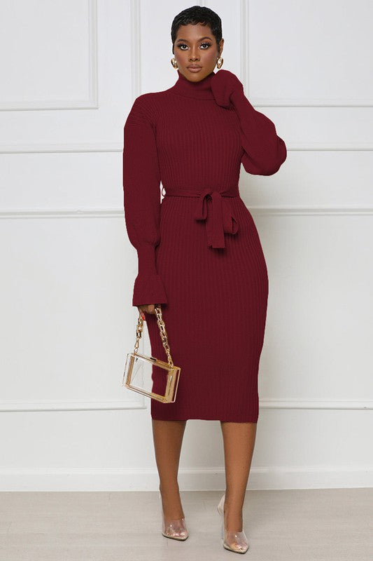 Lisa Long Sleeve Bodycon Turtleneck Midi Burgundy Sweater Dress