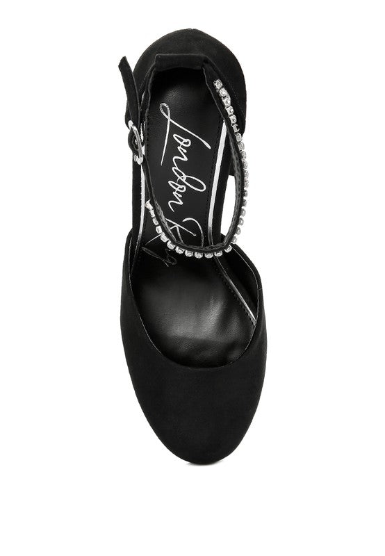 Barbra Block Heel Rhinestone Embellished Ankle Strap Platform Shoes | Fuchsia or Black | Rag Company