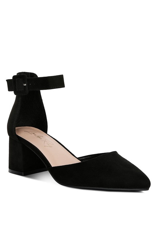 Junie Mid 60s Block Heel Ankle Strap Dress Shoe in Solid Black | Rag & Company